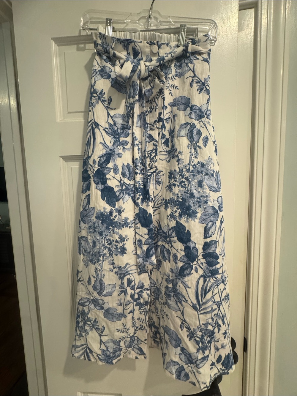 Blue Floral Midi Skirt with Tie Waist